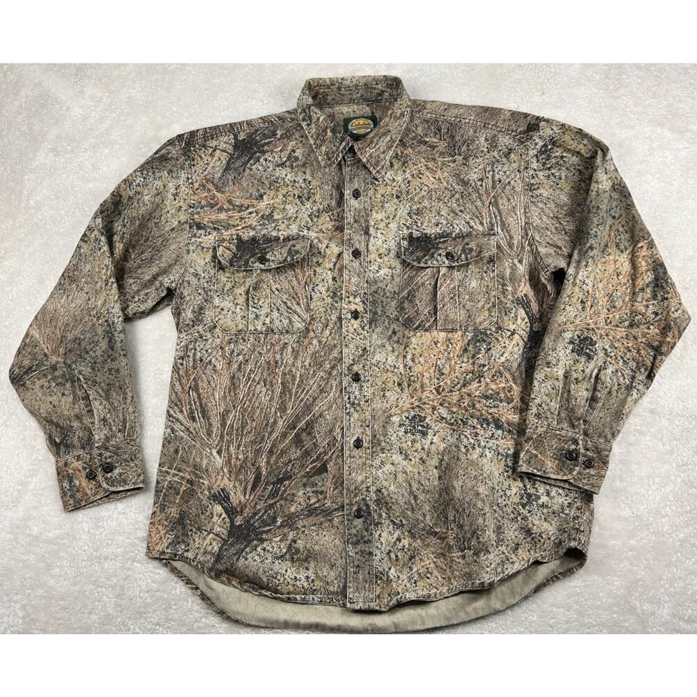 Cabela’s Shirt Men’s Sz L Mossy Oak Brush Camouflage Button Up Long Sleeve